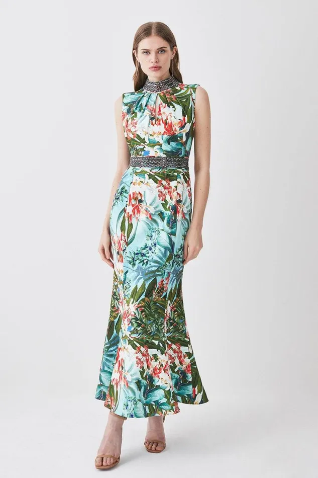 Dresses Women Karen Millen Diamante Trim Palm Floral Woven Midi Dress Green