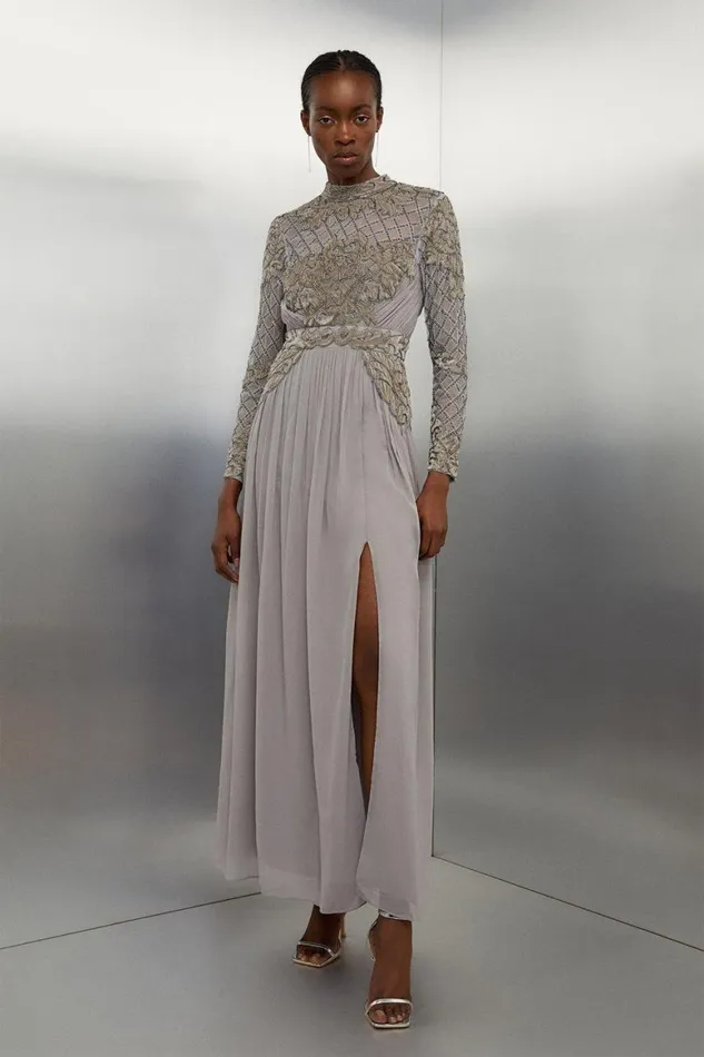 Dresses Women Karen Millen Embellished Cut Out Woven Maxi Dress Silver