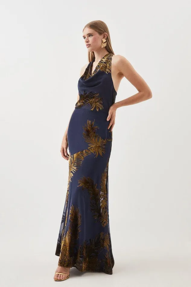 Dresses Women Karen Millen Feather Devore Halter Neck Woven Midi Dress Navy