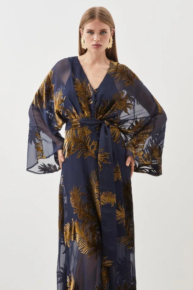 Dresses Women Karen Millen Feather Devore Woven Kimono Maxi Dress Navy