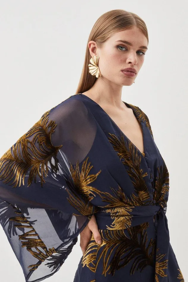 Dresses Women Karen Millen Feather Devore Woven Kimono Maxi Dress Navy
