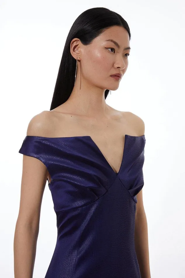 Dresses Women Karen Millen Italian Texture Satin Tailored Off Shoulder Panel Midi Dress Navy