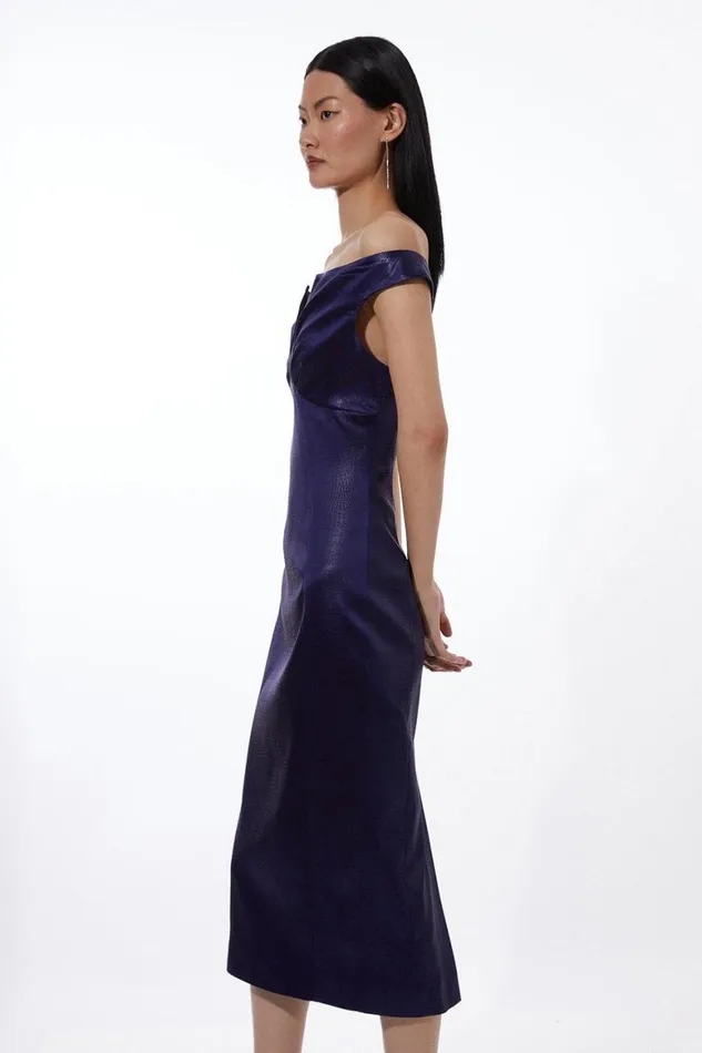 Dresses Women Karen Millen Italian Texture Satin Tailored Off Shoulder Panel Midi Dress Navy