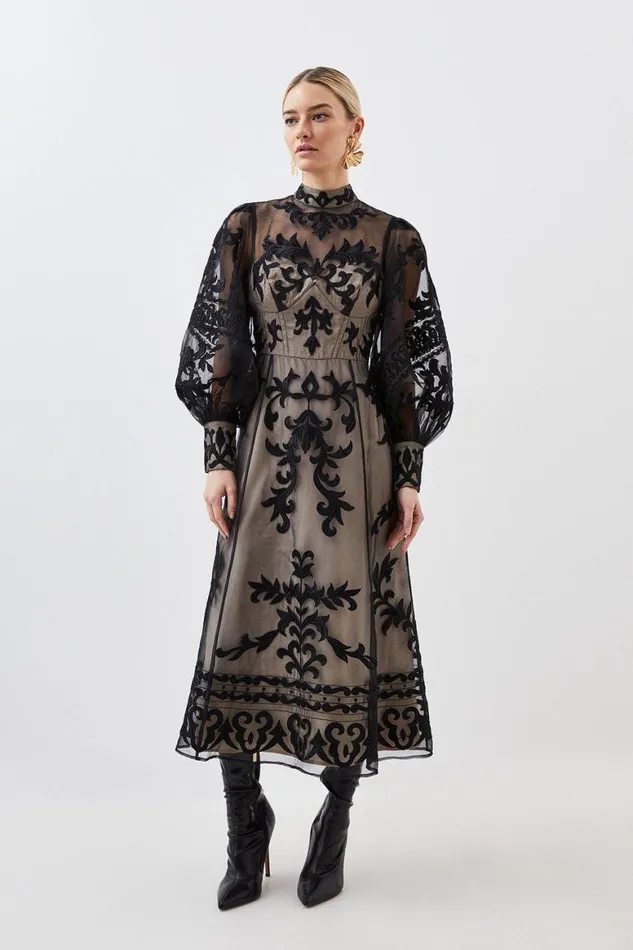 Dresses Women Karen Millen Petite Baroque Applique Woven Maxi Dress Black