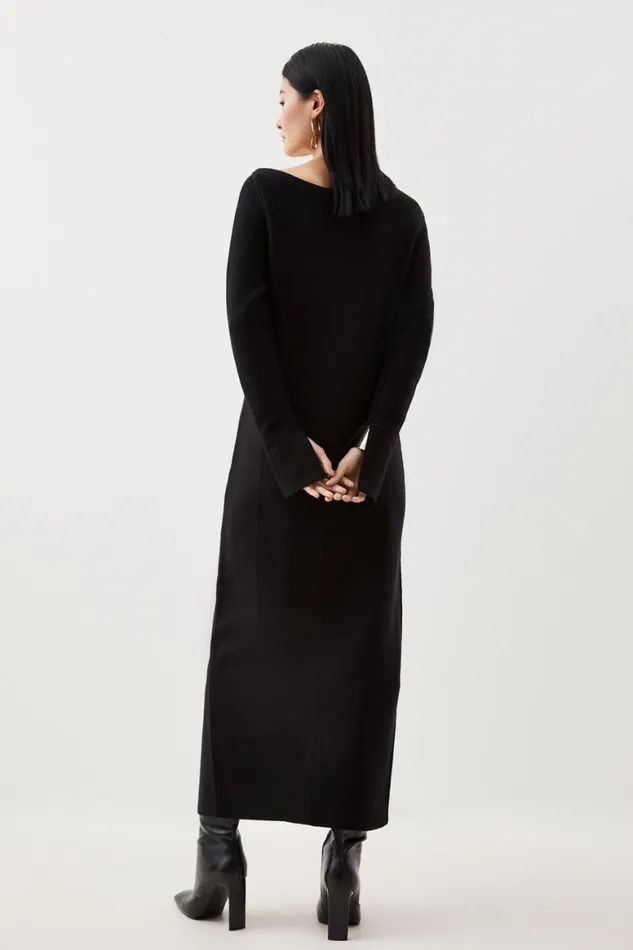 Dresses Women Karen Millen Petite Compact Knit Wool Look Drop Shoulder Midi Dress Black