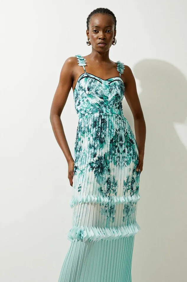 Dresses Women Karen Millen Petite Floral Pleat Detail Strappy Woven Midi Dress Green