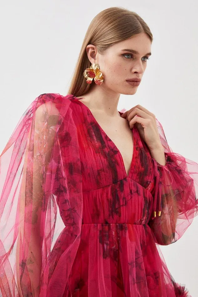 Dresses Women Karen Millen Petite Floral Tulle Plunge Woven Mini Dress