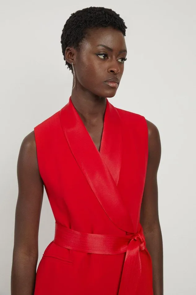 Dresses Women Karen Millen Petite Satin Back Crepe Sleeveless Tuxedo Tailored Wrap Mini Dress Red Orange