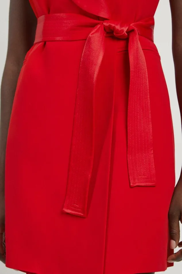Dresses Women Karen Millen Petite Satin Back Crepe Sleeveless Tuxedo Tailored Wrap Mini Dress Red Orange