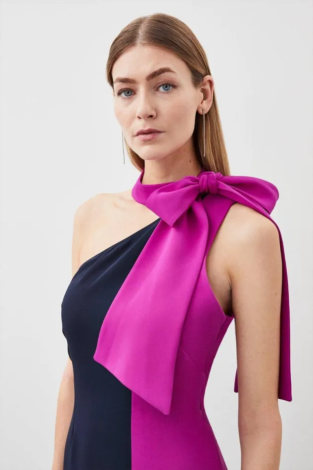 Dresses Women Karen Millen Petite Soft Tailored Colour Block Tie Neck Midi Dress Navy