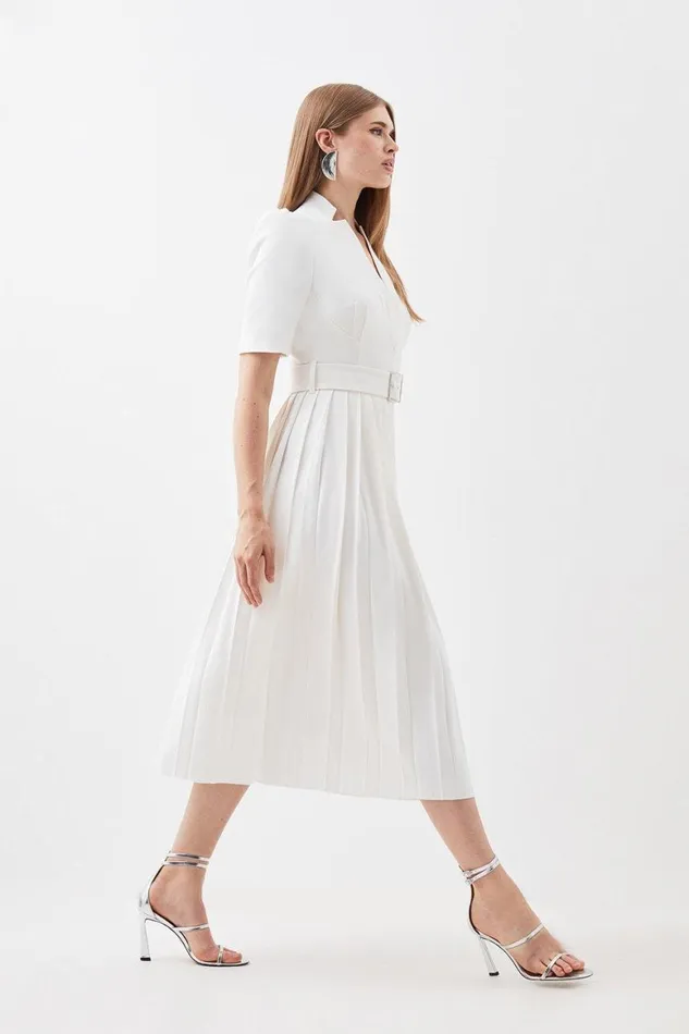 Dresses Women Karen Millen Petite Tailored Structured Crepe Forever Pleat Midi Dress Ivory
