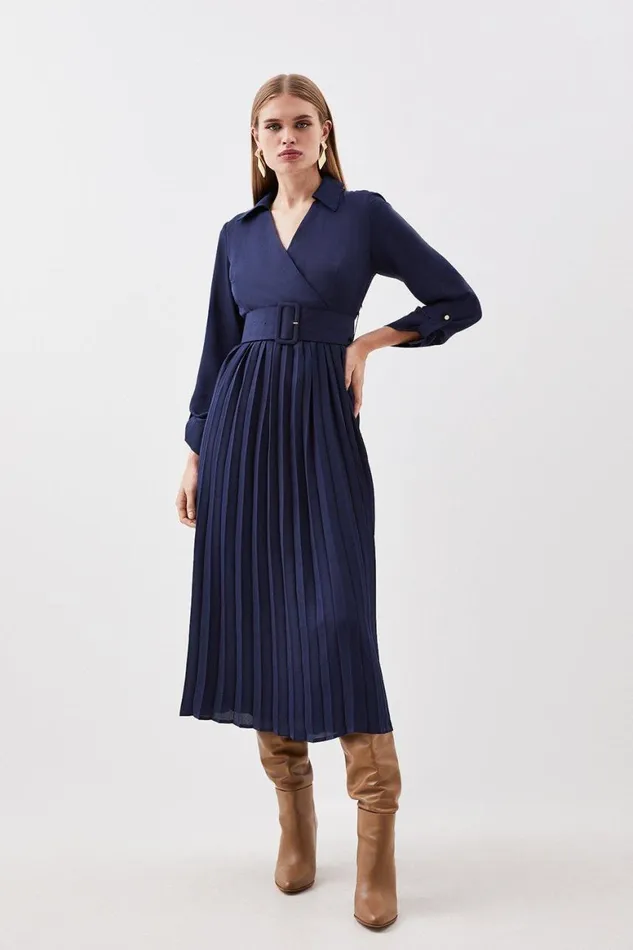Dresses Women Karen Millen Pleated Georgette Belted Woven Maxi Dress Navy