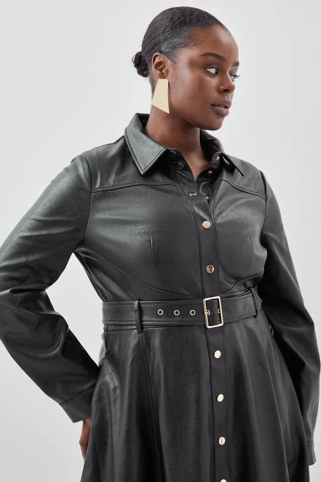 Dresses Women Karen Millen Plus Size Faux Leather Long Sleeved Belted Midi Shirt Dress Black
