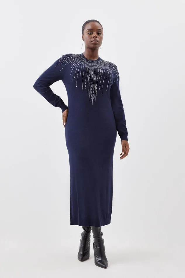 Dresses Women Karen Millen Plus Size Viscose Blend Embellished Knit Midi Dress Navy