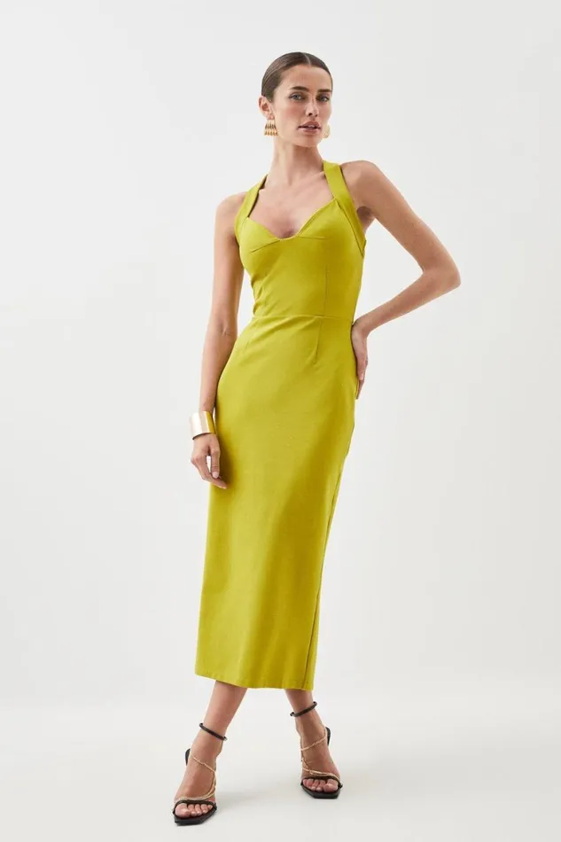 Dresses Women Karen Millen Ponte Halterneck Midi Dress Chartreuse