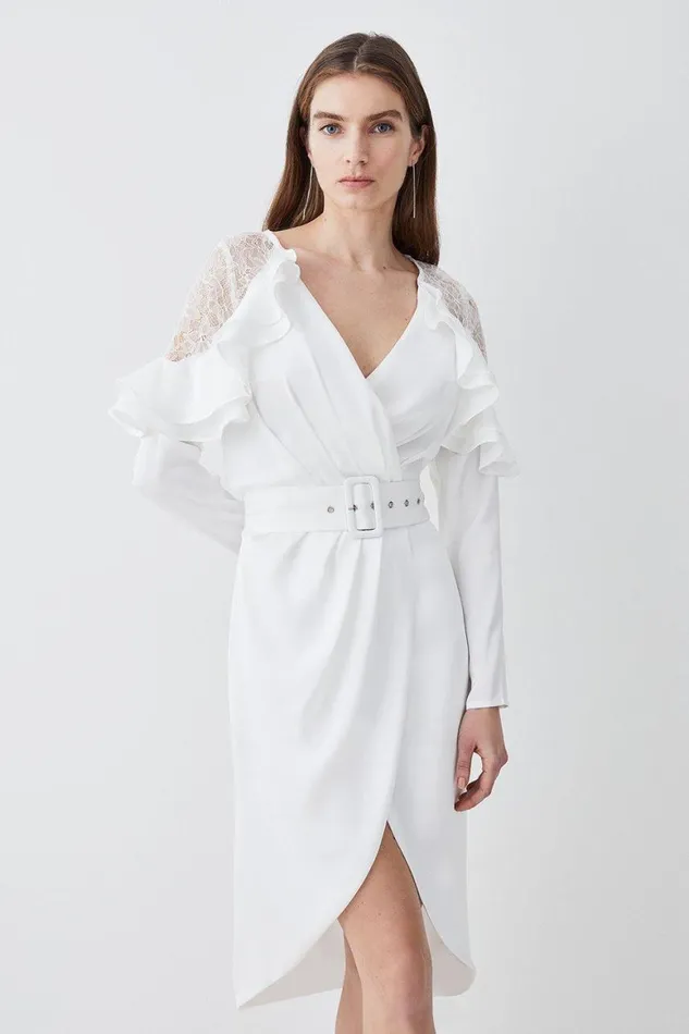Dresses Women Karen Millen Satin And Lace Ruffle Woven Midi Dress White