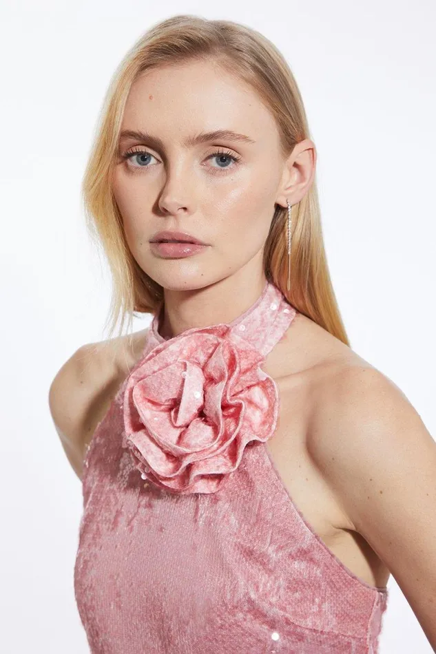 Dresses Women Karen Millen Sequin Dramatic Rosette Halter Woven Mini Dress Pink