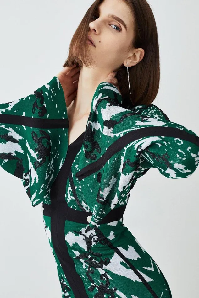 Dresses Women Karen Millen Slinky Jacquard Full Sleeve Knitted Maxi Dress Green