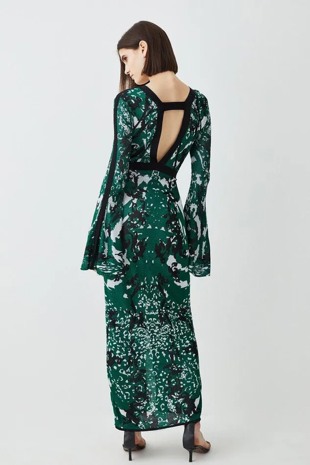 Dresses Women Karen Millen Slinky Jacquard Full Sleeve Knitted Maxi Dress Green