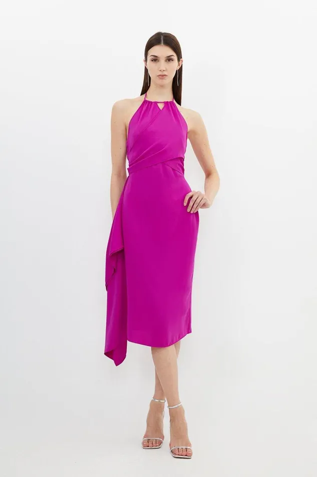 Dresses Women Karen Millen Soft Tailored Draped Wrap Halter Tie Neck Midi Dress Magenta