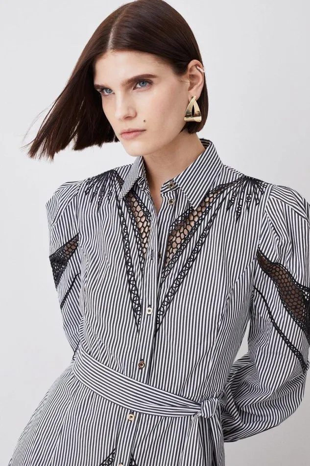 Dresses Women Karen Millen Striped Cotton Cutwork Midi Shirt Dress Mono