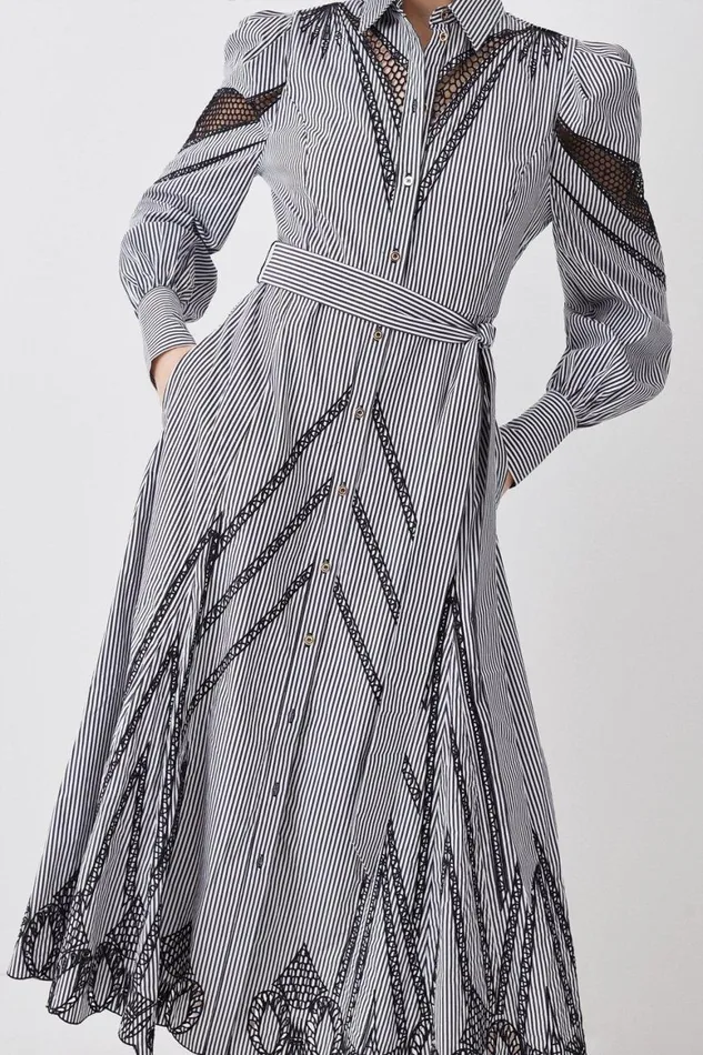 Dresses Women Karen Millen Striped Cotton Cutwork Midi Shirt Dress Mono