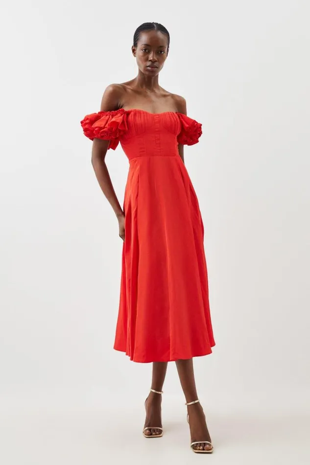 Dresses Women Karen Millen Taffeta Ruffle Woven Midi Dress Red