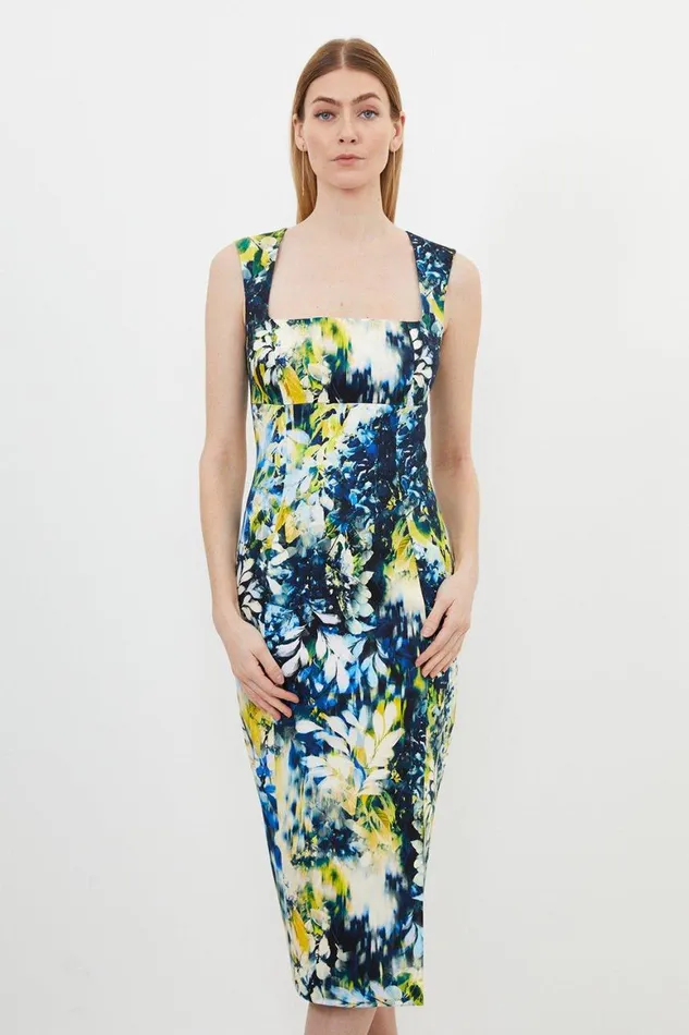 Dresses Women Karen Millen Tailored Blurred Wisteria Print Square Neck Midi Dress Multi