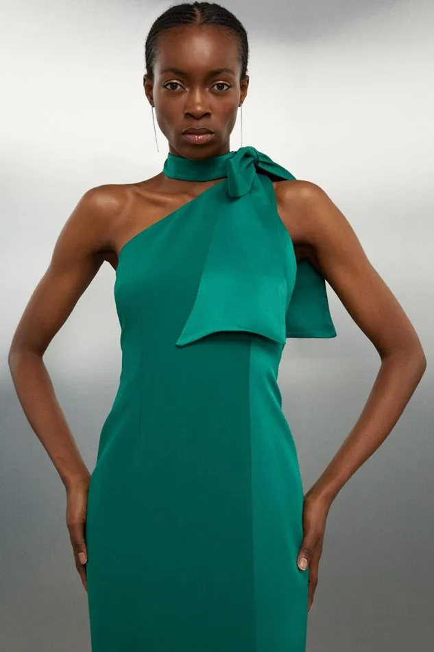 Dresses Women Karen Millen Tailored Satin Back Crepe Tie Neck Contrast Panel Maxi Dress Emerald