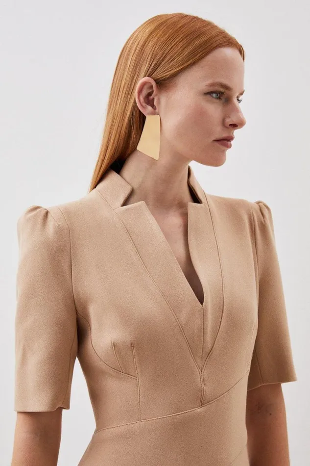 Dresses Women Karen Millen Tailored Structured Crepe Forever Drape Detail Short Sleeve Midi Dress Camel