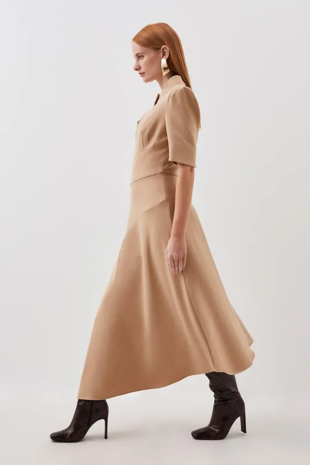 Dresses Women Karen Millen Tailored Structured Crepe Forever Drape Detail Short Sleeve Midi Dress Camel