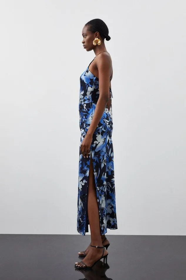 Dresses Women Karen Millen Tall Satin Floral Devore Woven Strappy Maxi Dress Navy