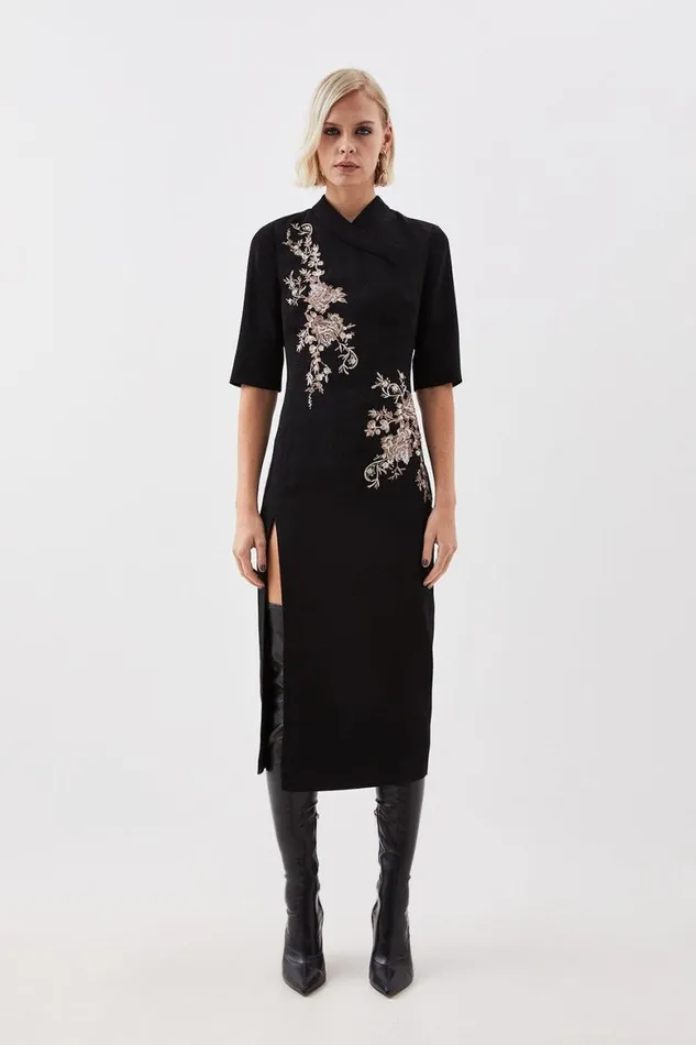 Dresses Women Karen Millen The Founder Compact Stretch Viscose Embroidered Pencil Dress Black