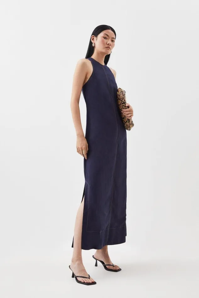 Dresses Women Karen Millen Topstitch Viscose Linen Halter Midi Dress Navy