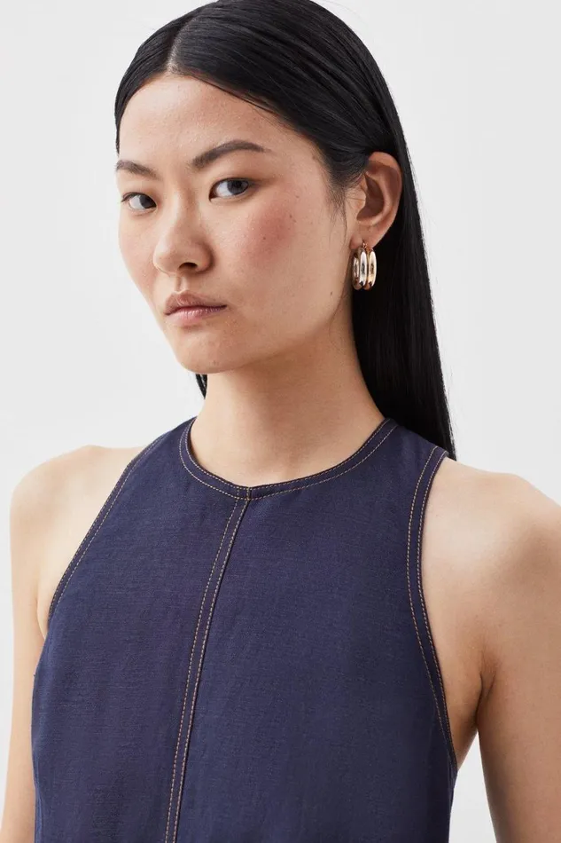 Dresses Women Karen Millen Topstitch Viscose Linen Halter Midi Dress Navy