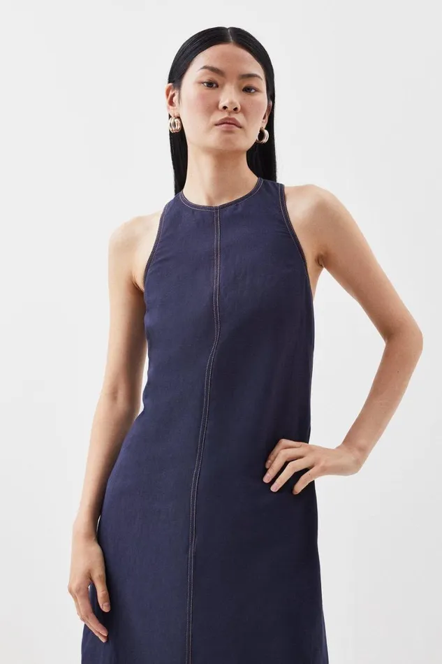 Dresses Women Karen Millen Topstitch Viscose Linen Halter Midi Dress Navy