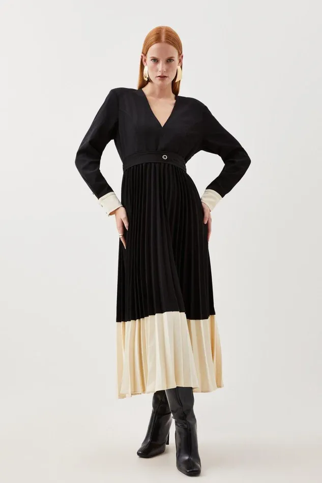 Dresses Women Karen Millen Twill Pleated Woven Colour Block Maxi Dress Mono