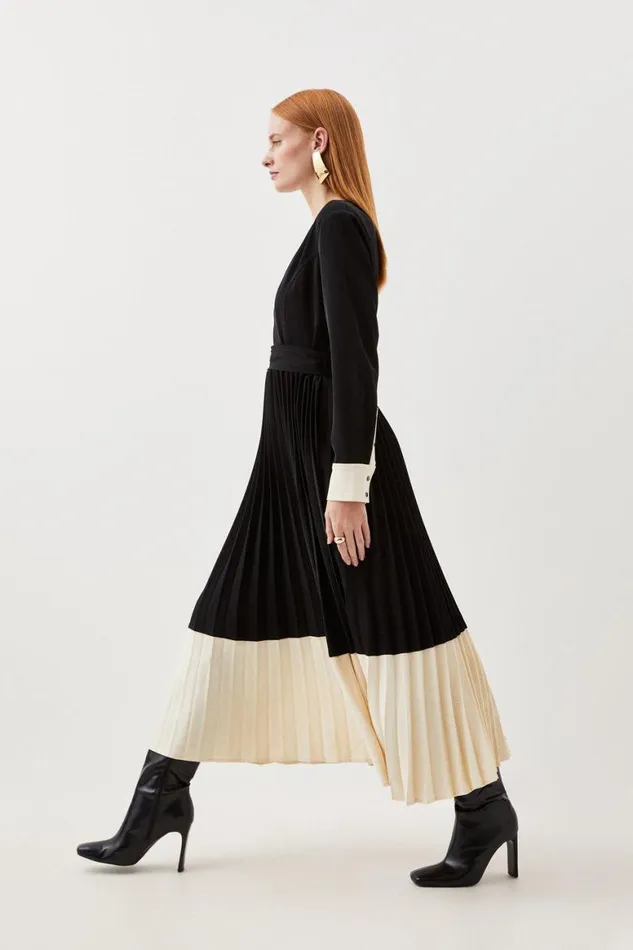 Dresses Women Karen Millen Twill Pleated Woven Colour Block Maxi Dress Mono