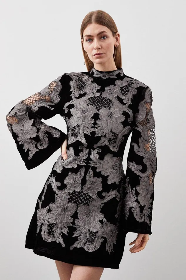 Dresses Women Karen Millen Velvet Applique Woven Mini Dress Silver