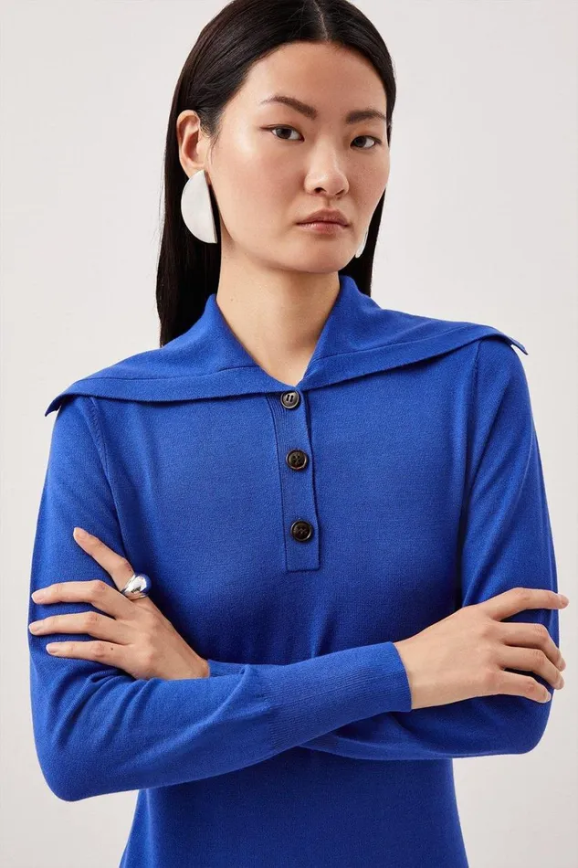 Dresses Women Karen Millen Viscose Blend Fly Collar Knitted Midi Dress Cobalt