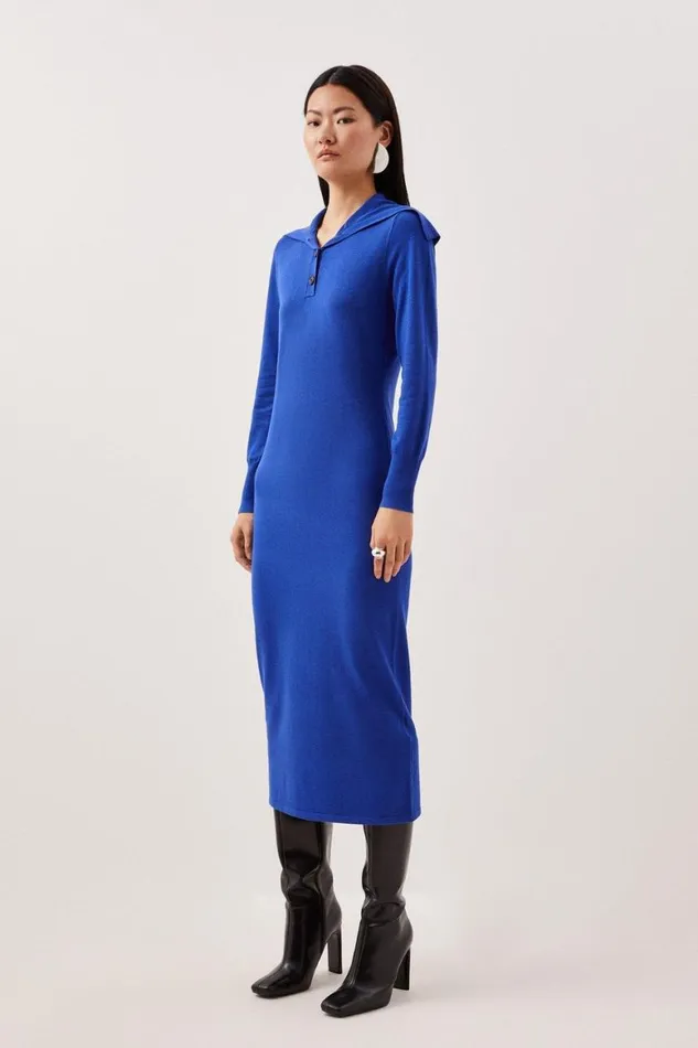 Dresses Women Karen Millen Viscose Blend Fly Collar Knitted Midi Dress Cobalt