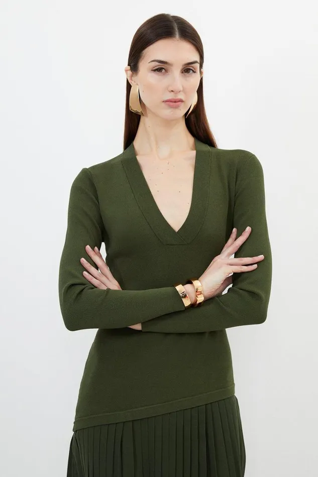Dresses Women Karen Millen Viscose Blend Knit Mix Asymmetric Midaxi Dress Khaki