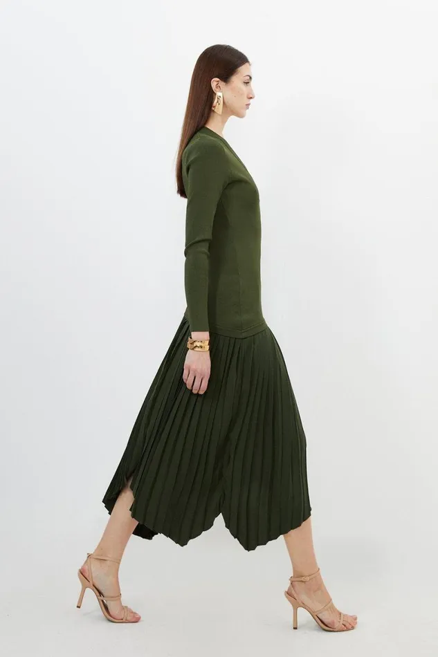 Dresses Women Karen Millen Viscose Blend Knit Mix Asymmetric Midaxi Dress Khaki