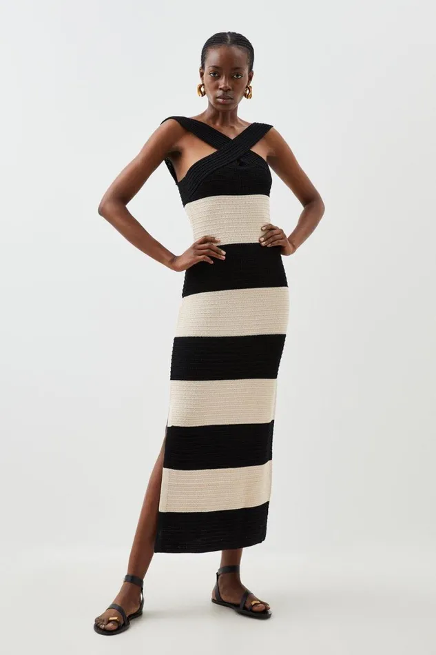 Dresses Women Karen Millen Viscose Blend Striped Cross Front Knit Midi Dress Mono Dresses Women Karen Millen Viscose Blend Striped Cross Front Knit Midi Dress Mono