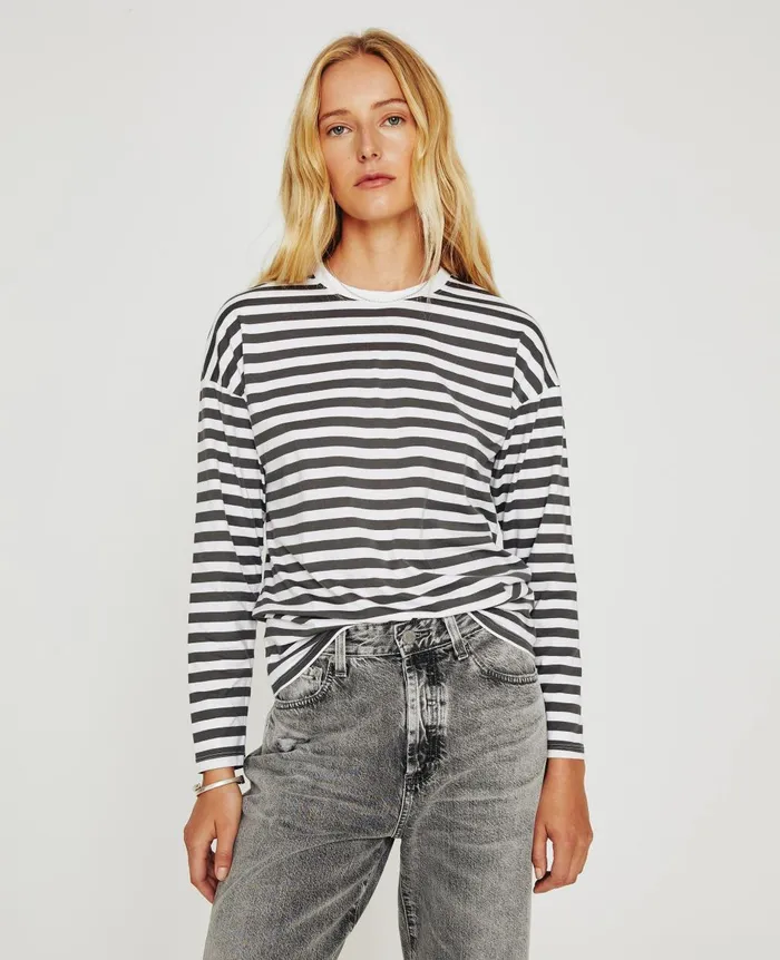 Fay LS Crew True Whitefolkestone Grey Women AG Jeans Tees and Tanks