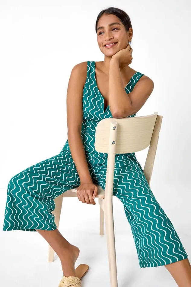 Forest Belted Wave Print Cropped Jumpsuit Women Roman Dresses