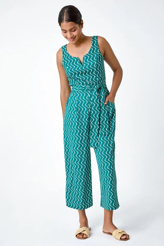 Forest Belted Wave Print Cropped Jumpsuit Women Roman Dresses