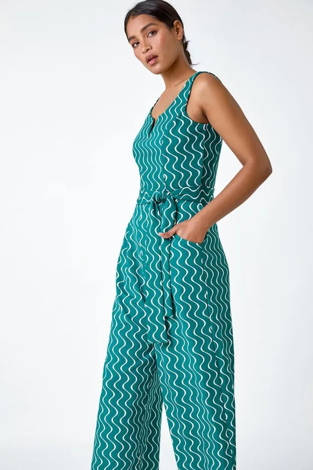 Forest Belted Wave Print Cropped Jumpsuit Women Roman Dresses