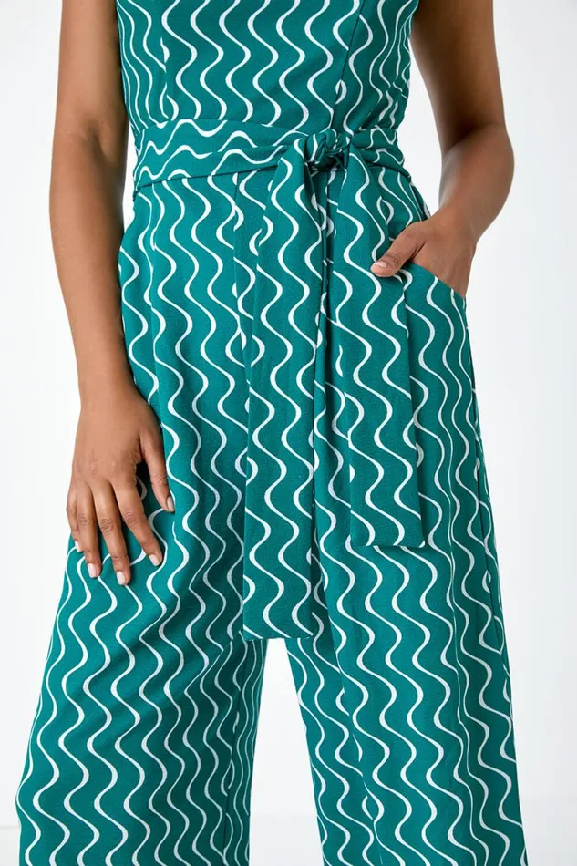 Forest Belted Wave Print Cropped Jumpsuit Women Roman Dresses