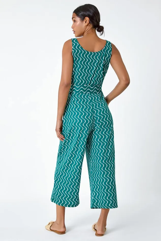Forest Belted Wave Print Cropped Jumpsuit Women Roman Dresses